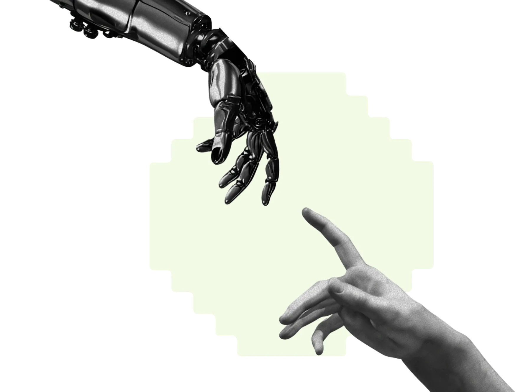 Mão robótica e mão humana se aproximando